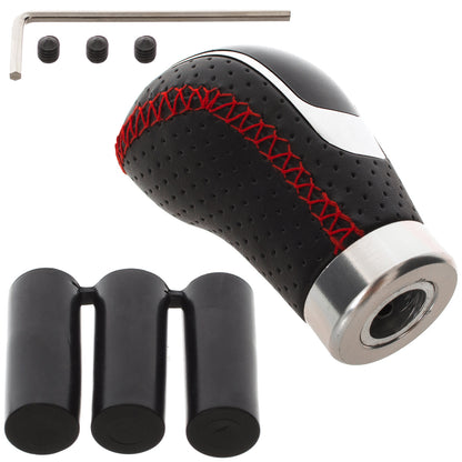 UNIVERSAL gear shift knob BLACK LEATHER + RED STITCHING + SILVER 6 GEARS