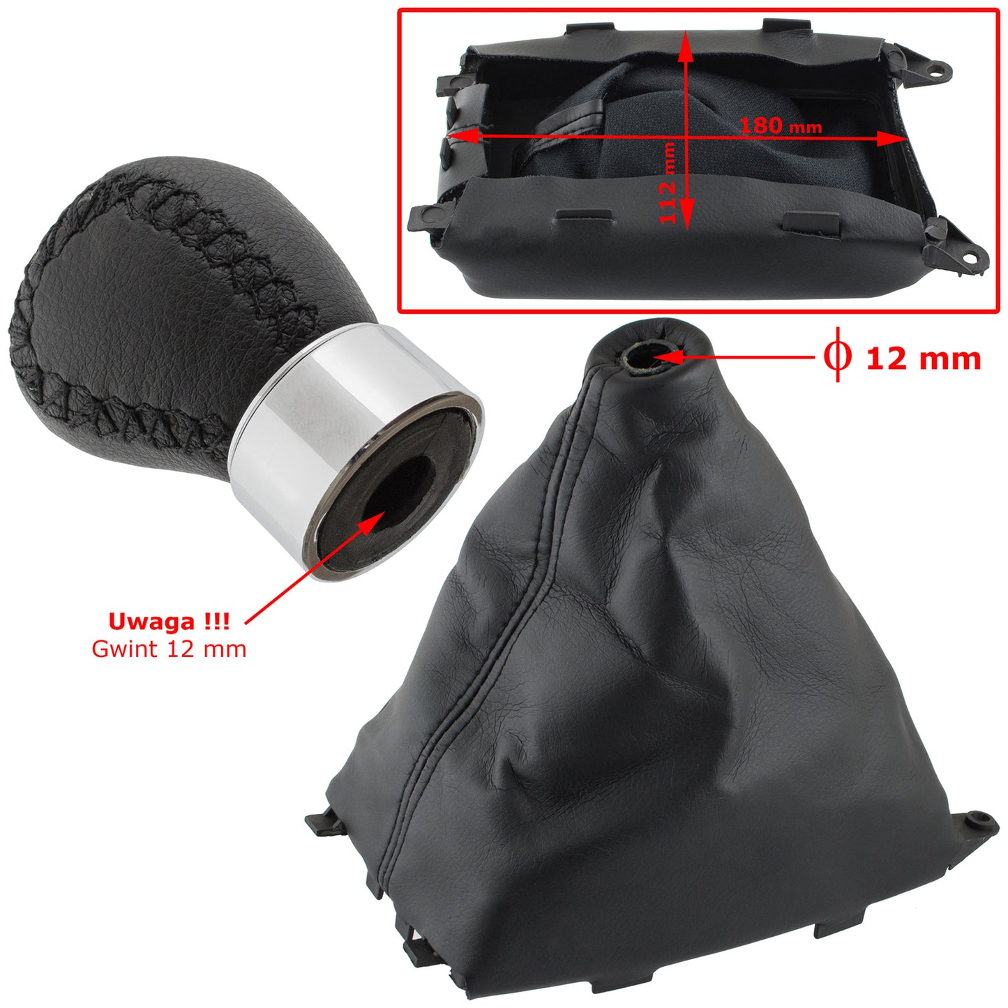 Mazda 6 GG/GY 02-08 gear knob BLACK LEATHER 5 SPEED 12 MM + gear stick gaiter + frame 2 pcs. SET