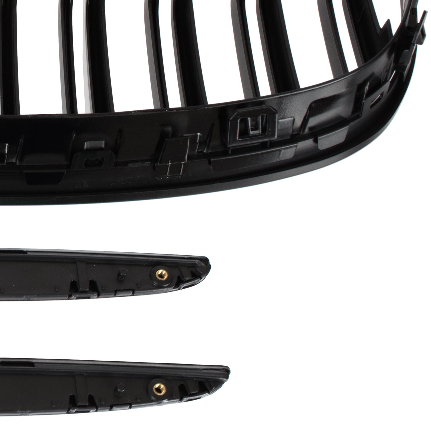 BMW 3 E90 / E91 04-09 SEDAN / WAGON grilles between headlights (kidneys) left + right set. BLACK GLOSSY DOUBLE BAR CURVED RIBS