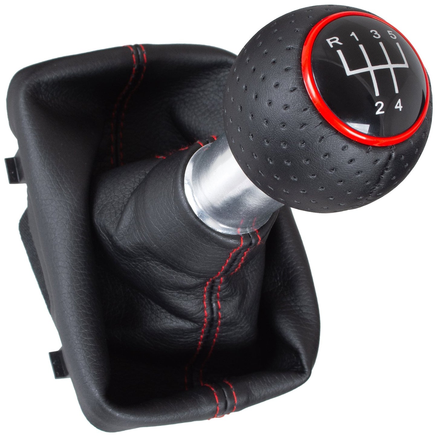 Audi A3 I 8L 96-03 BLACK gear knob + BLACK GAITER with RED STITCHING RED RING 5 GEARS REVERSE ON TOP