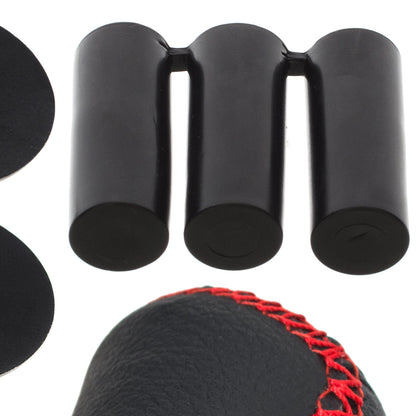 UNIVERSAL gear knob BLACK LEATHER + CHROME + RED THREAD + 5 and 6 SPEED EMBLEMS SET
