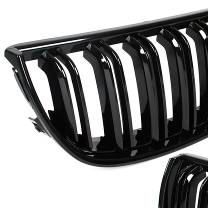 BMW 3 E90 / E91 04-09 SEDAN / WAGON grilles between headlights (kidneys) left + right set. BLACK GLOSSY DOUBLE BAR CURVED RIBS