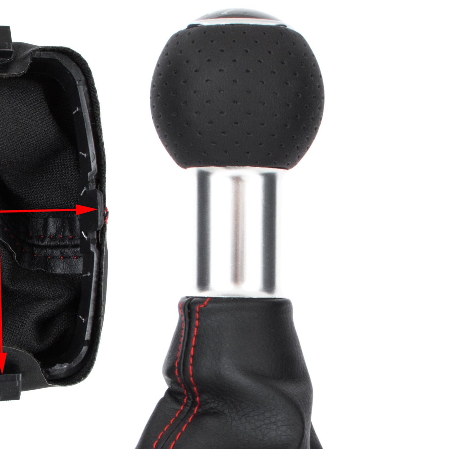 Audi A3 I 8L 96-03 gear knob BLACK + BLACK GAITER with RED STITCHING CHROME RING 5 GEARS REVERSE BOTTOM LEFT