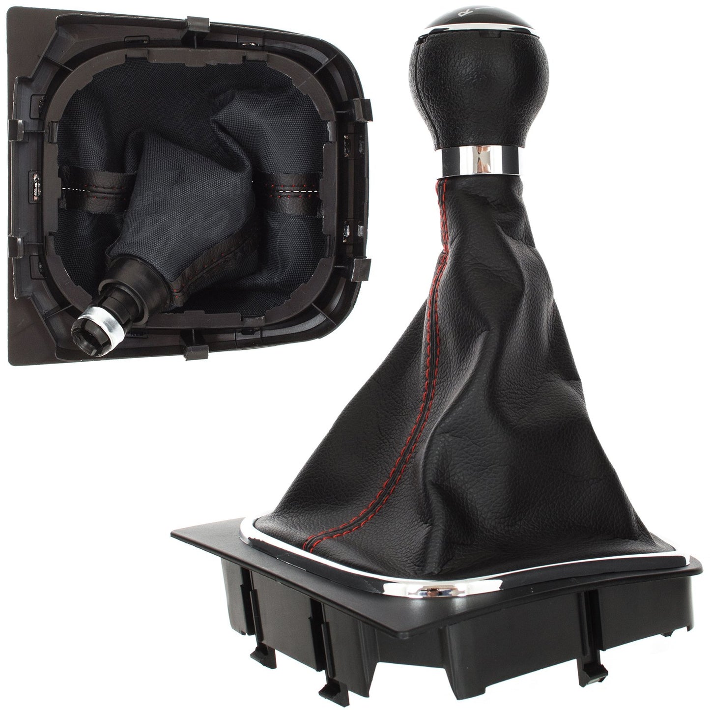 VW Golf V 03-08 gear knob + BLACK gaiter with RED stitching and CHROME frame 5 SPEED