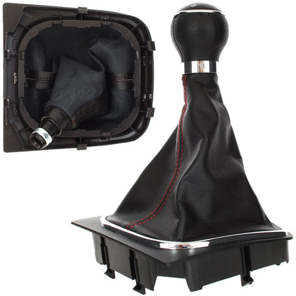 VW Golf V 03-08 gear knob + BLACK gaiter with RED stitching and CHROME frame 5 SPEED