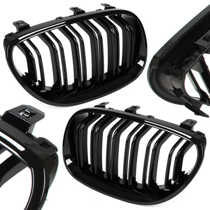 BMW 5 E60 / E61 03-10 grilles between headlights (kidneys) left + right set. BLACK GLOSSY DOUBLE BAR CURVED RIBS