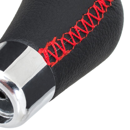 UNIVERSAL gear knob BLACK LEATHER + CHROME + RED THREAD + 5 and 6 SPEED EMBLEMS SET