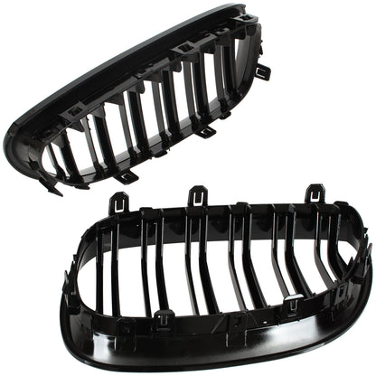 BMW 5 E60 / E61 03-10 grilles between headlights (kidneys) left + right set. BLACK GLOSSY DOUBLE BAR CURVED RIBS
