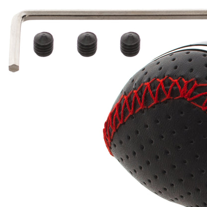 UNIVERSAL gear shift knob BLACK LEATHER + RED STITCHING + SILVER 6 GEARS