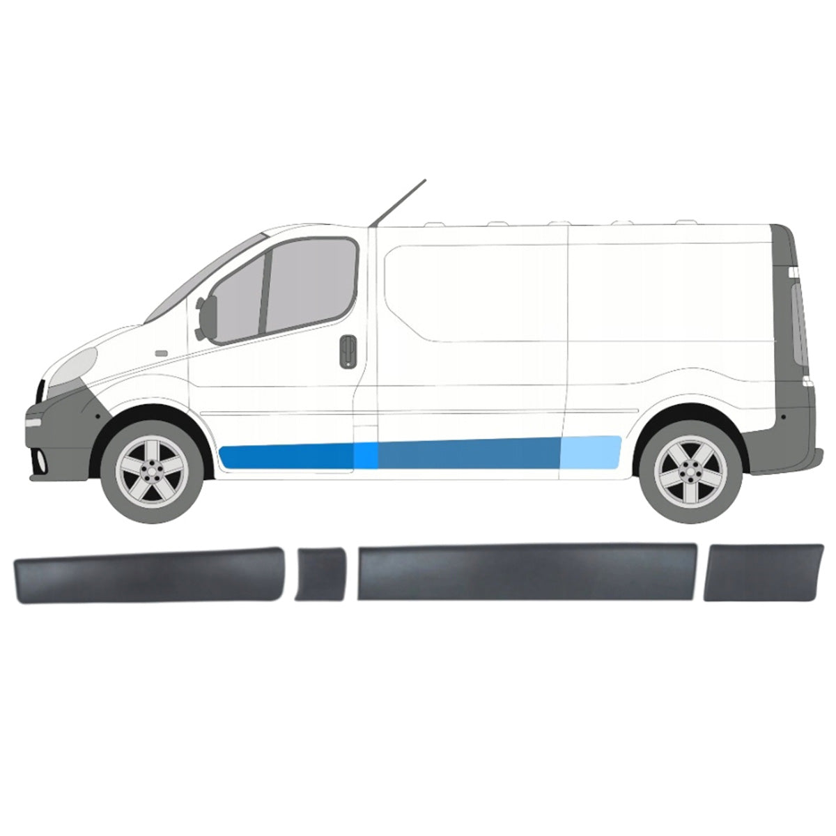 Renault Trafic II LONG 01-13 left front door trim + left side trim FOR THE PILLAR behind the door + LONG left side trim behind the pillar + left side trim IN FRONT OF THE REAR WHEEL 4 pcs. SET