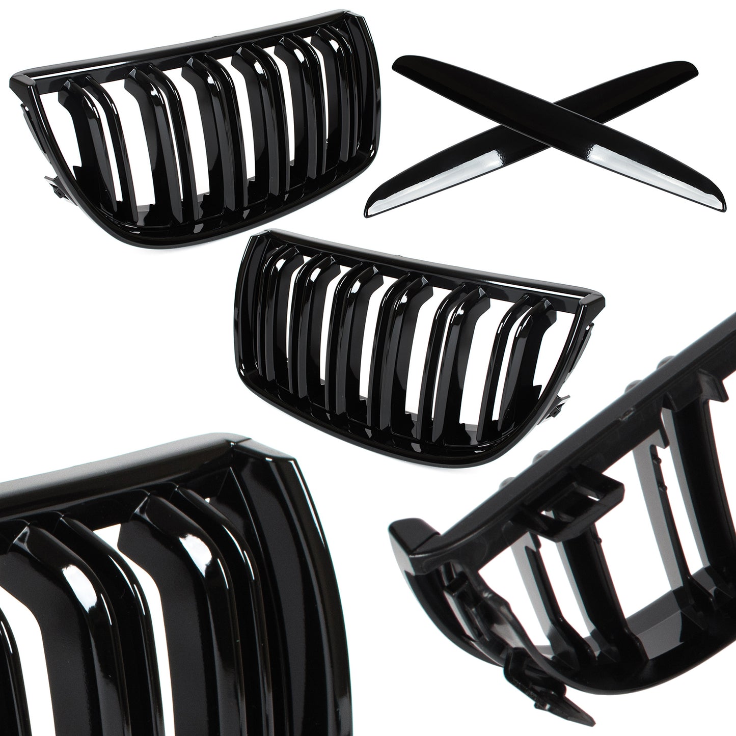 BMW 3 E90 / E91 04-09 SEDAN / WAGON grilles between headlights (kidneys) left + right set. BLACK GLOSSY DOUBLE BAR CURVED RIBS