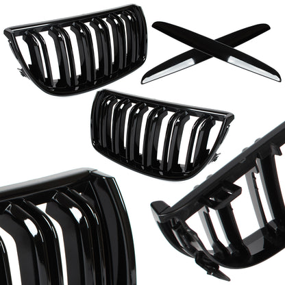 BMW 3 E90 / E91 04-09 SEDAN / WAGON grilles between headlights (kidneys) left + right set. BLACK GLOSSY DOUBLE BAR CURVED RIBS