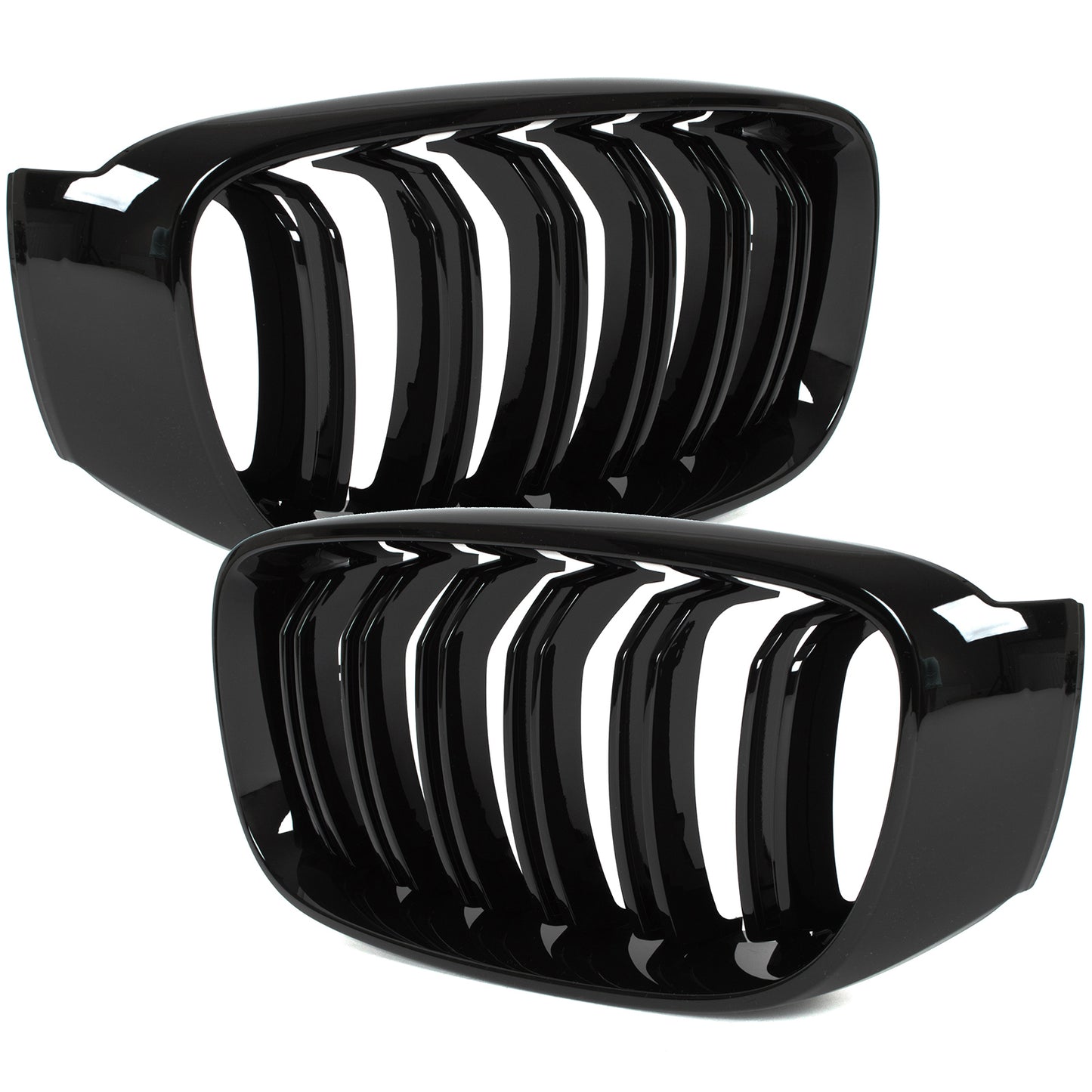 BMW 3 F34 GT 13-20 grilles between headlights (kidney grilles) left + right set. BLACK GLOSSY DOUBLE BAR