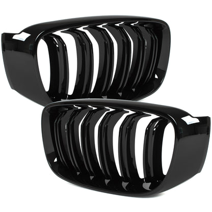 BMW 3 F34 GT 13-20 grilles between headlights (kidney grilles) left + right set. BLACK GLOSSY DOUBLE BAR