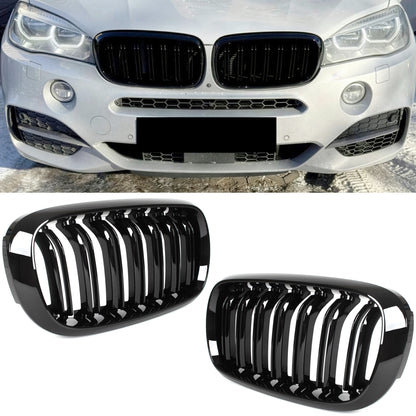 BMW X6 F16 14-19 dummy grilles between headlights (kidneys) left + right set. BLACK GLOSSY DOUBLE BAR