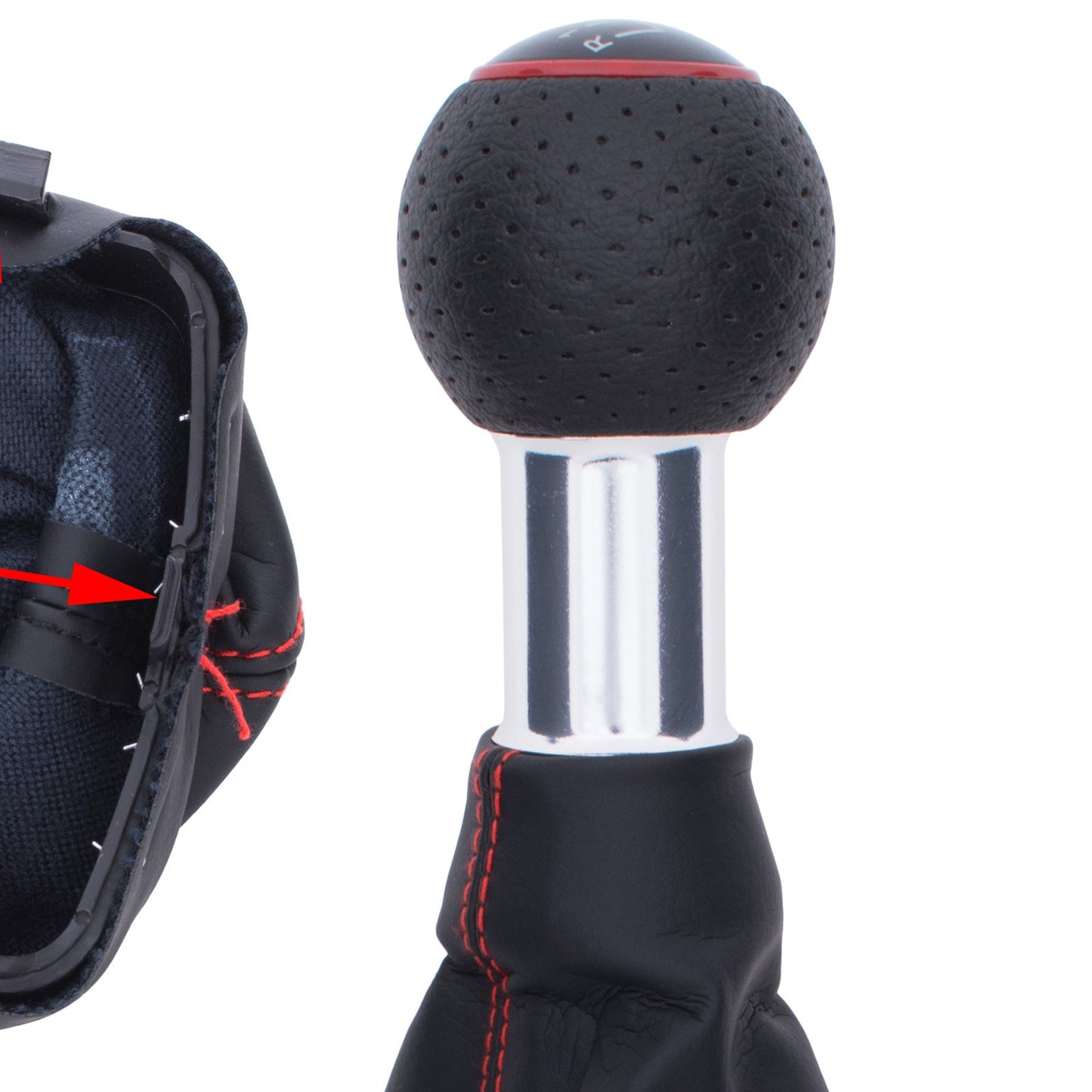 Audi A3 I 8L 96-03 BLACK gear knob + BLACK GAITER with RED STITCHING RED RING 5 GEARS REVERSE ON TOP