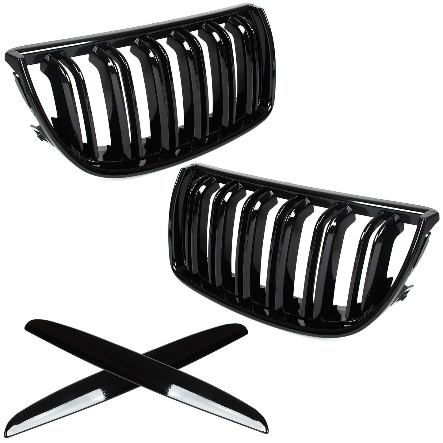 BMW 3 E90 / E91 04-09 SEDAN / WAGON grilles between headlights (kidneys) left + right set. BLACK GLOSSY DOUBLE BAR CURVED RIBS