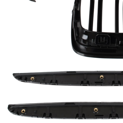 BMW 3 E90 / E91 04-09 SEDAN / WAGON grilles between headlights (kidneys) left + right set. BLACK GLOSSY DOUBLE BAR CURVED RIBS
