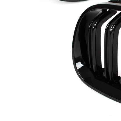 BMW 5 E60 / E61 03-10 grilles between headlights (kidneys) left + right set. BLACK GLOSSY DOUBLE BAR CURVED RIBS