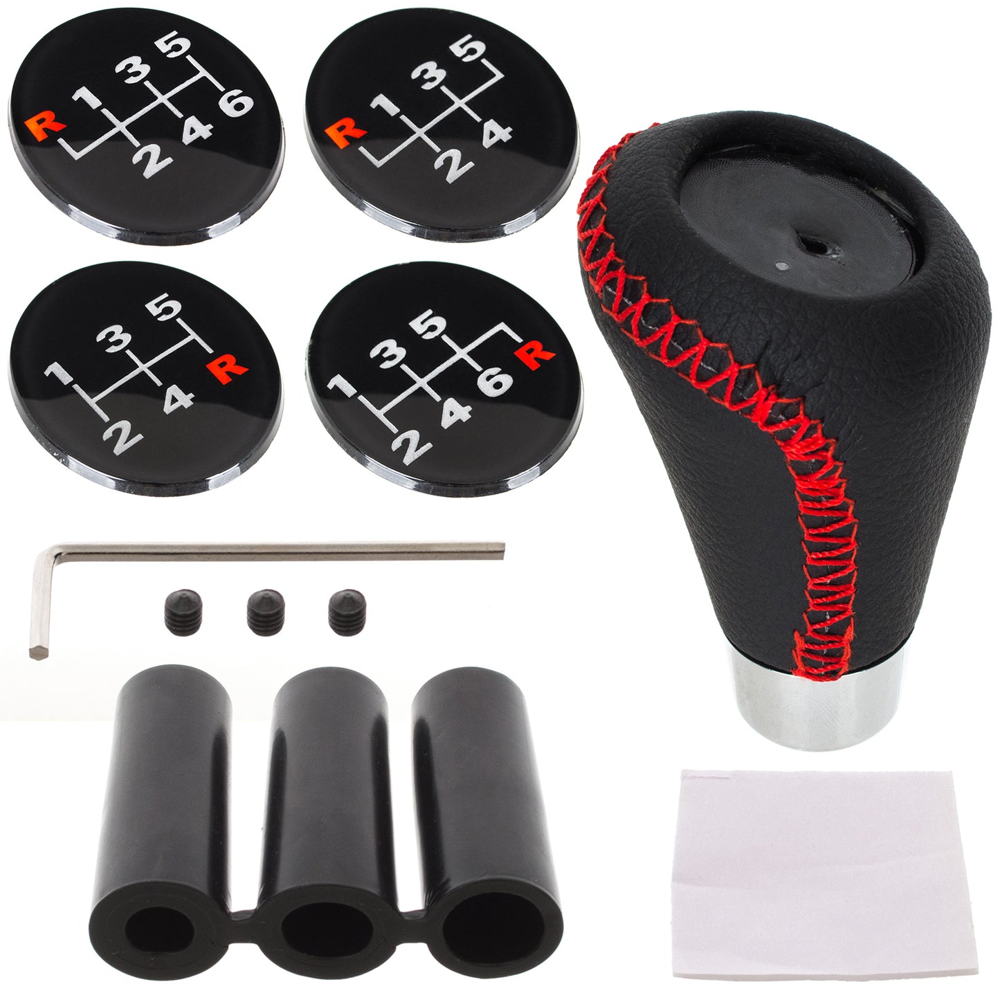 UNIVERSAL gear knob BLACK LEATHER + CHROME + RED THREAD + 5 and 6 SPEED EMBLEMS SET