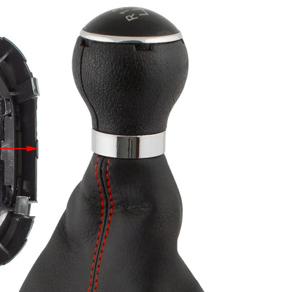 VW Golf V 03-08 gear knob + BLACK gaiter with RED stitching and CHROME frame 6-SPEED