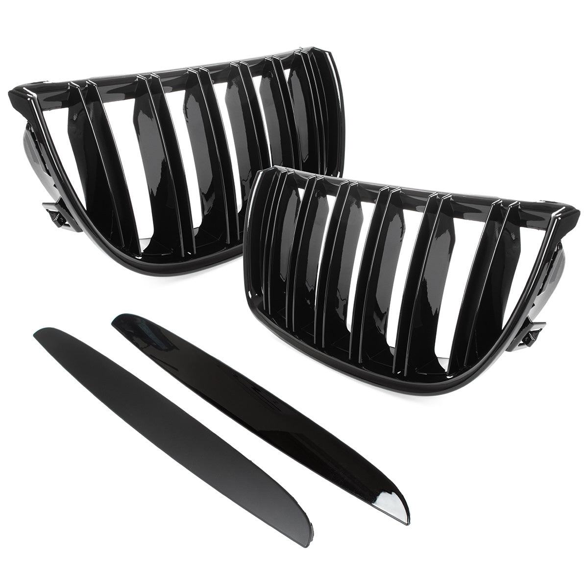 BMW 3 E90 / E91 04-09 SEDAN / KOMBI atrapy między reflektory (nerki) lewa + prawa kpl. BLACK GLOSSY DOUBLE BAR - II GATUNEK
