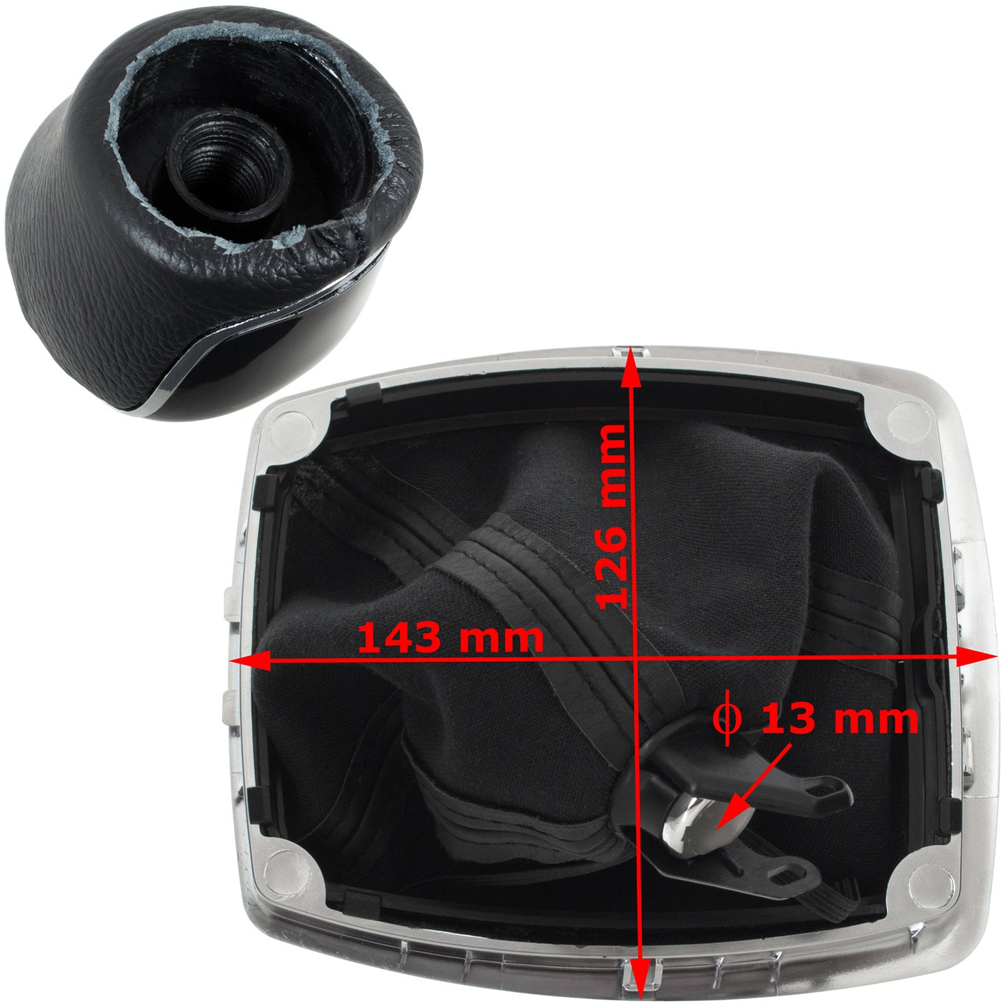 Ford C-MAX 07-10 gałka zmiany biegów 6 BIEGÓW + mieszek ochronny drążka zmiany biegów CZARNY + CHROM + ramka SILVER 2 szt. KPL