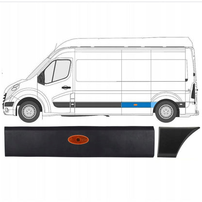Renault Master III LONG MAX 2010- listwa boczna TYLNA z miejscem na OBRYSÓWKĘ + listwa boczna PRZED tylnym kołem lewa + lampka boczna obrysowa 3 szt. KPL