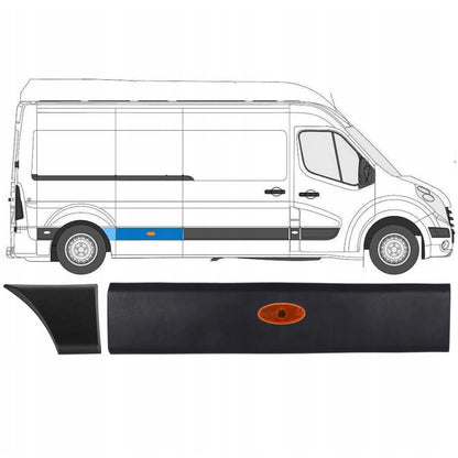 Renault Master III LONG MAX 2010- listwa boczna ZA DRZWIAMI PRZESUWNYMI z miejscem na OBRYSÓWKĘ + listwa boczna PRZED tylnym kołem prawa + lampka boczna obrysowa 3 szt. KPL
